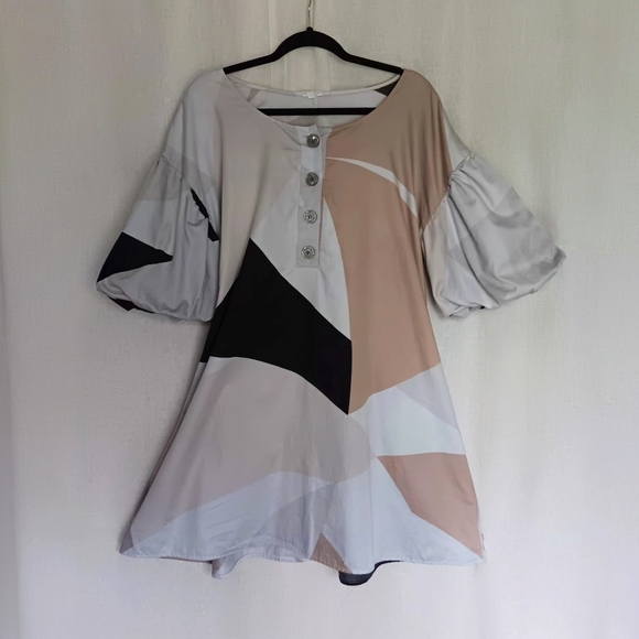 *Altered* (SEE NOTES) VTG Marimekko Mika Piirainen Geometic Puff Sleeve Dress - Picture 3 of 10